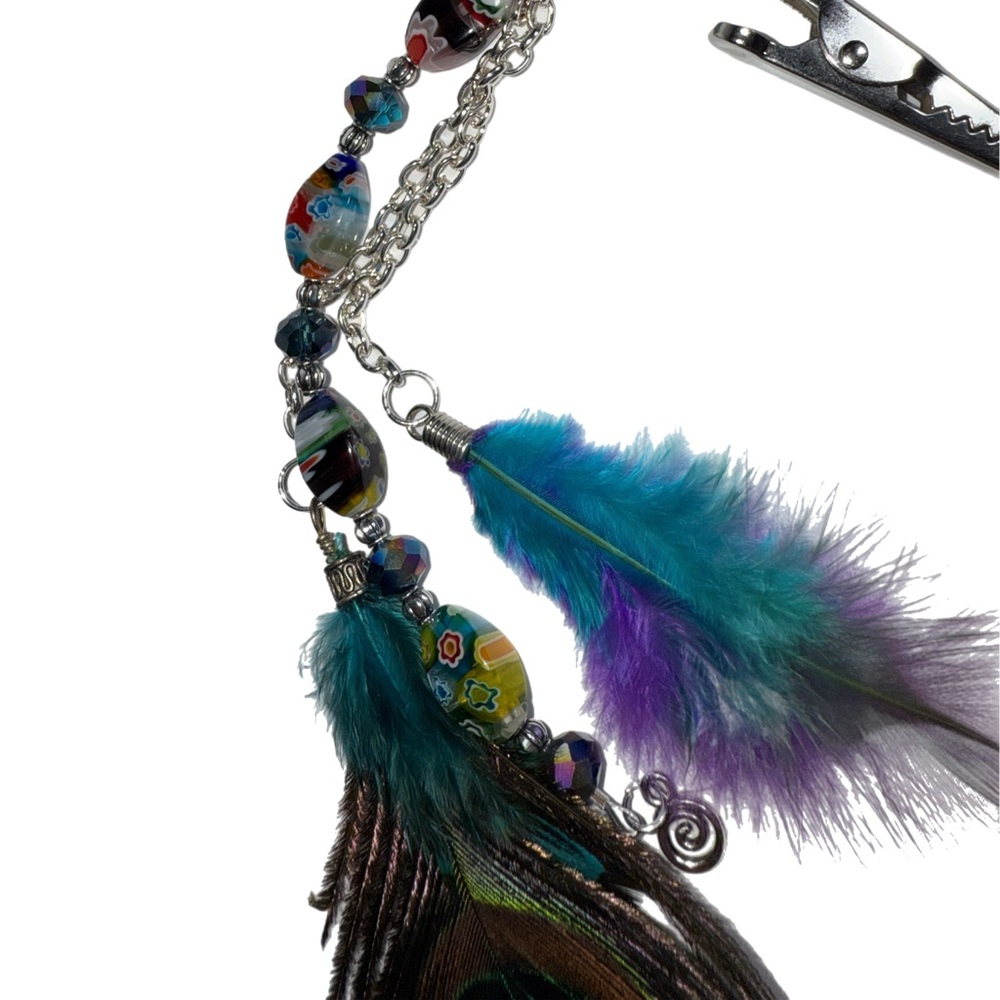 Boho‎ Peacock Feather Hairclip – Handcrafted Beads & Colorful Flair - Picture 5 of 6